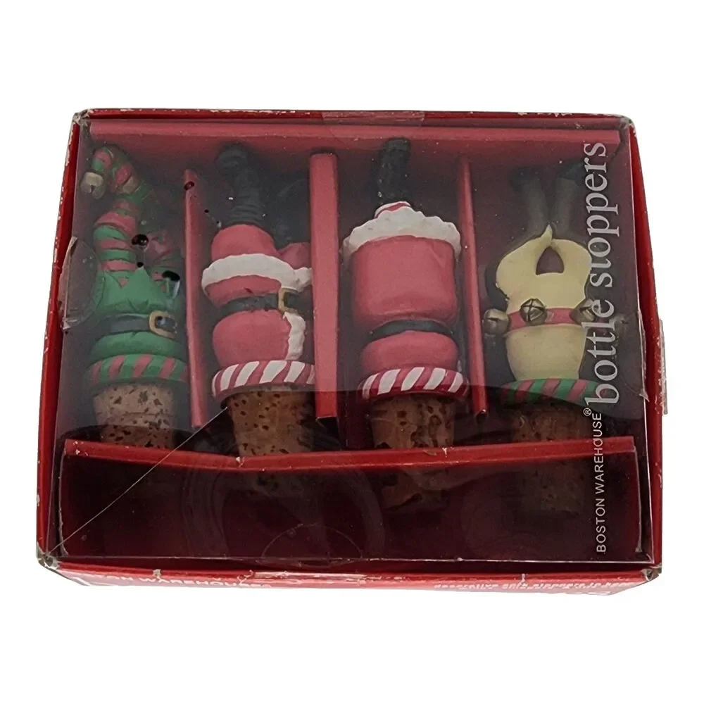 Set of 4 Boston Warehouse Cork Bottle Stoppers Christmas Holiday Santa Elf